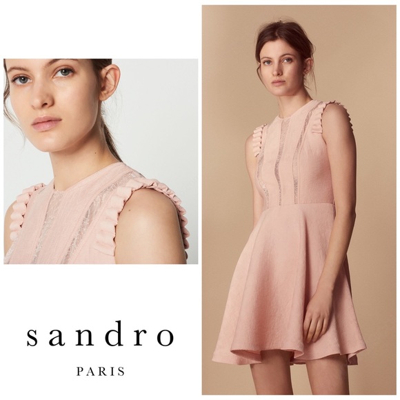 NWOT Sandro Paris Lace Inset Ruffle Dress in Blush FR 36; US 2-4 / Small - Picture 2 of 16